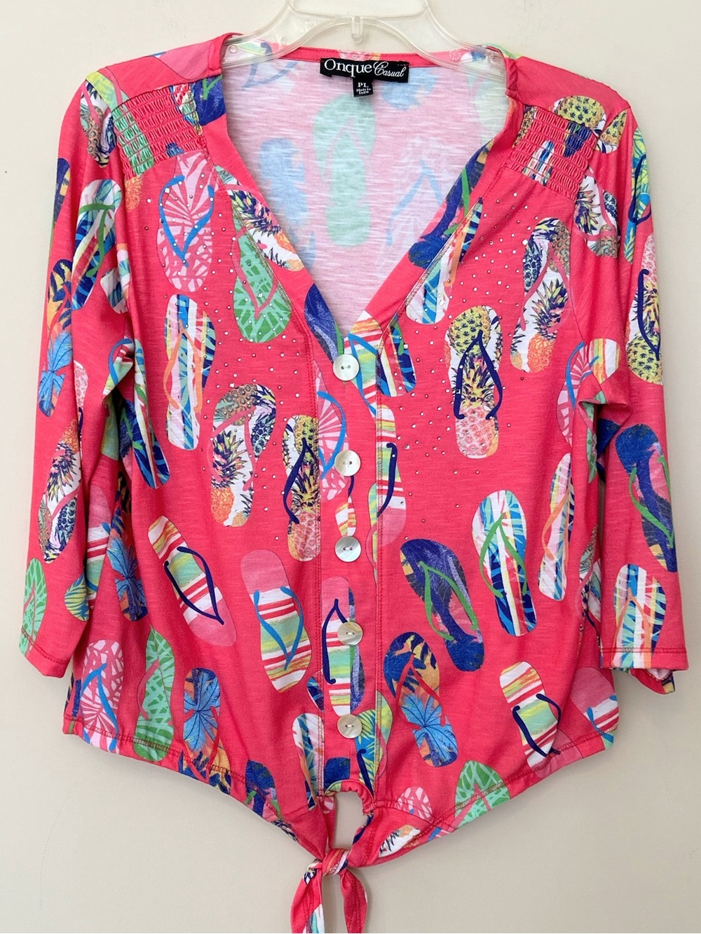 Onque Casual Pink Flip-Flop Button Front Tie Top